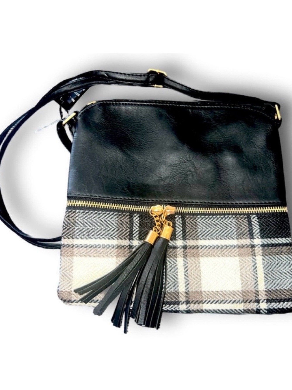 Unbranded Faux Leather Plaid Crossbody Purse Adjustable Strap Tassel New Black